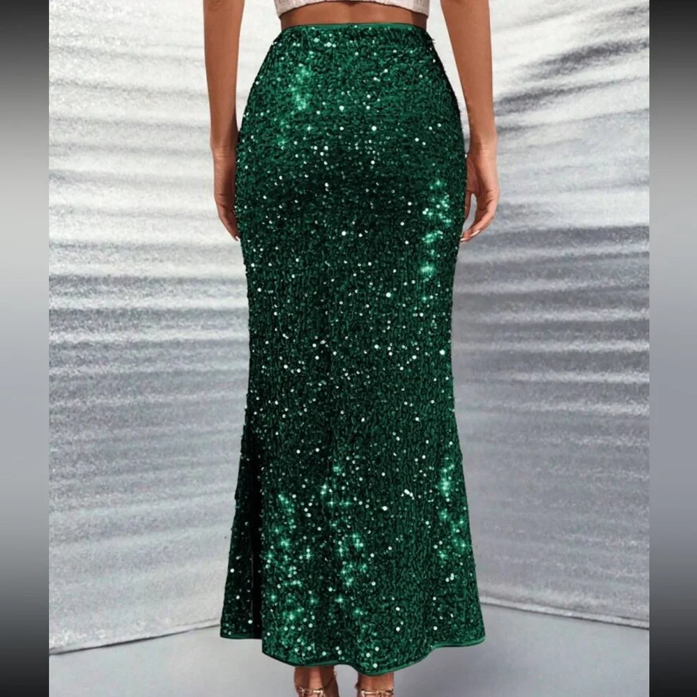 Luxe Velvet Sequin High Waist Holiday Evening Party Skirt Green - Picture 2 of 6